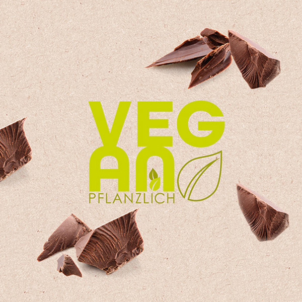 Vegan Pflanzlich Logo mit Schokoladen Stuecken